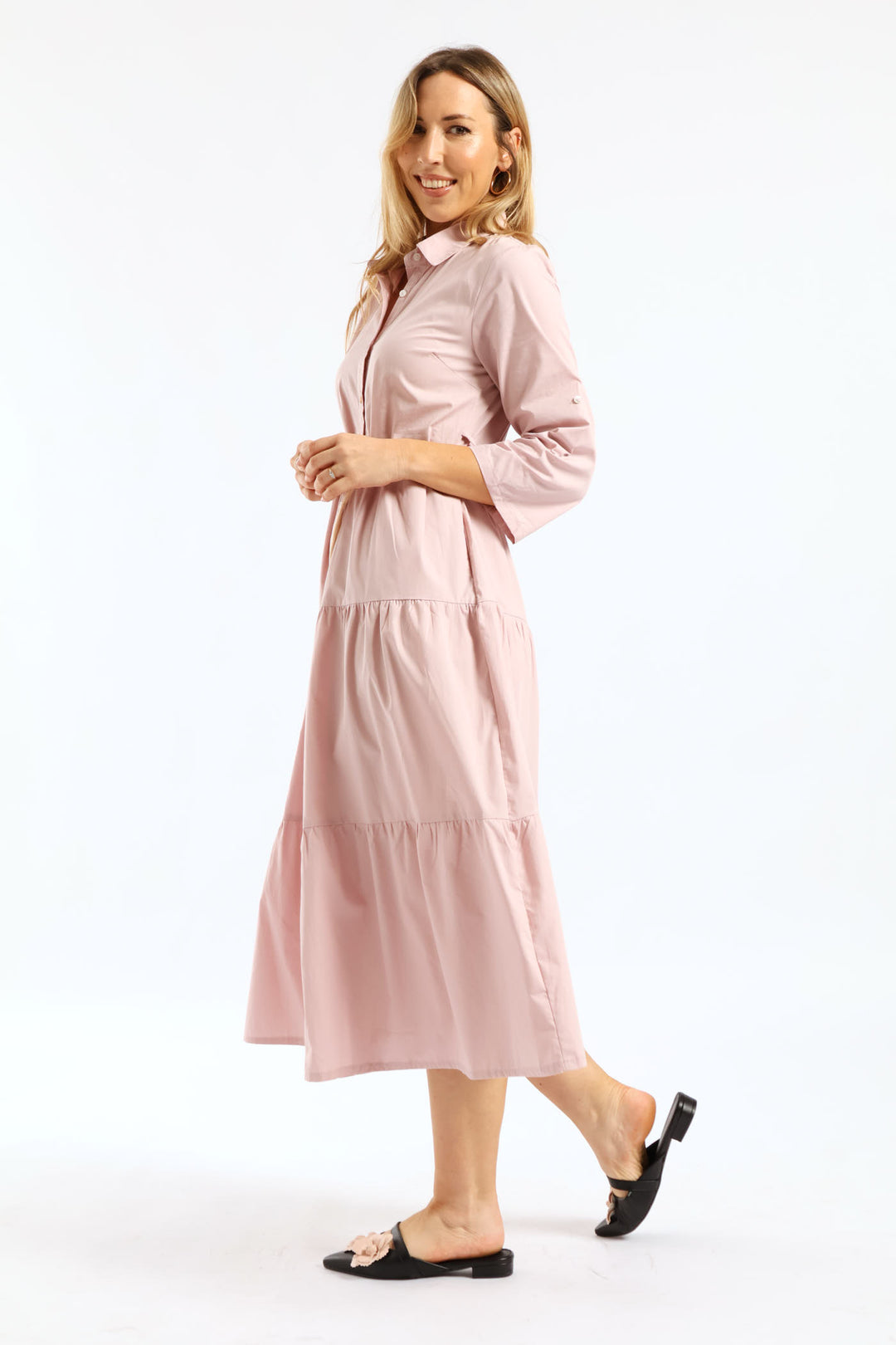 3/4 Sleeve Belted Midi Shirt Dress - Mauve