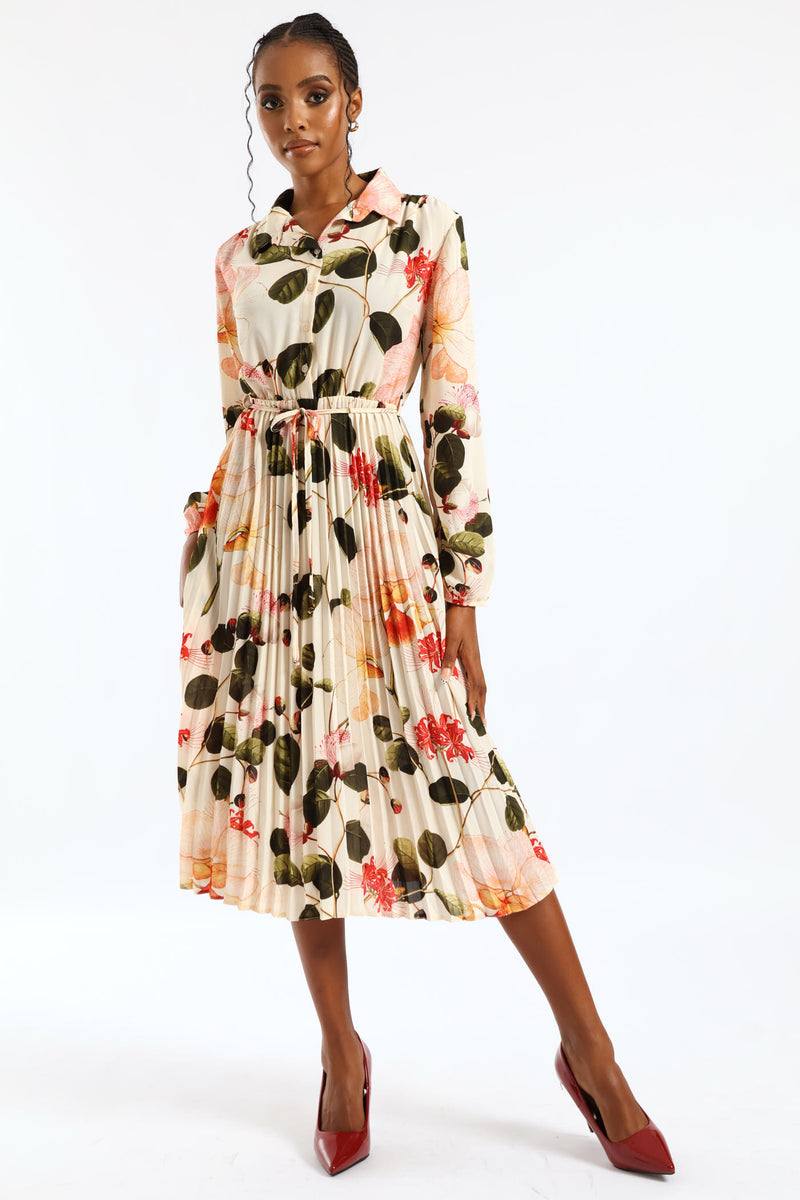 Belted Pleated Crepe Midi Shirt Dress - Cream