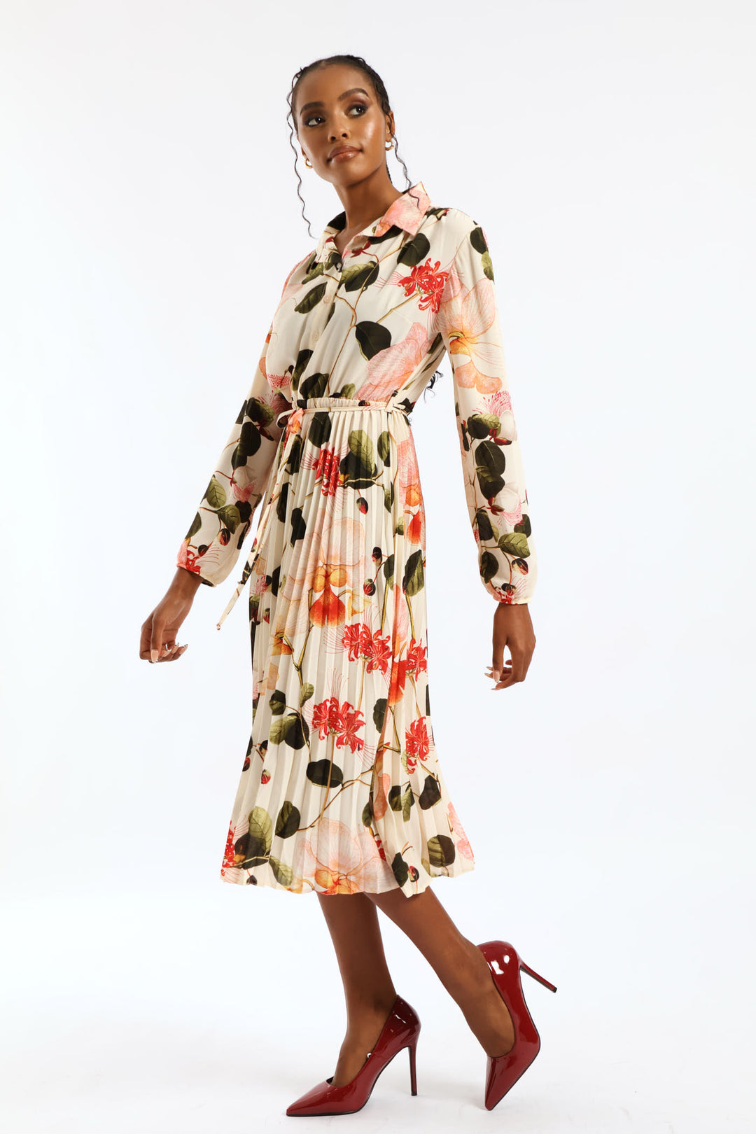 Belted Pleated Crepe Midi Shirt Dress - Cream