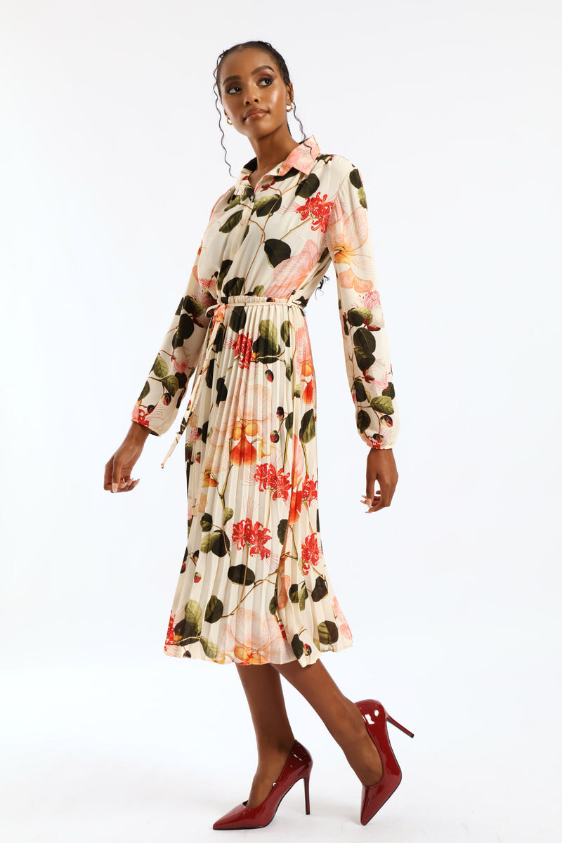 Belted Pleated Crepe Midi Shirt Dress - Cream