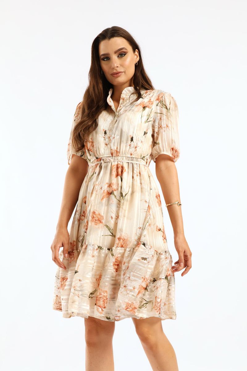 Mandarin Collar 3/4 Sleeve Tea Dress - Cream