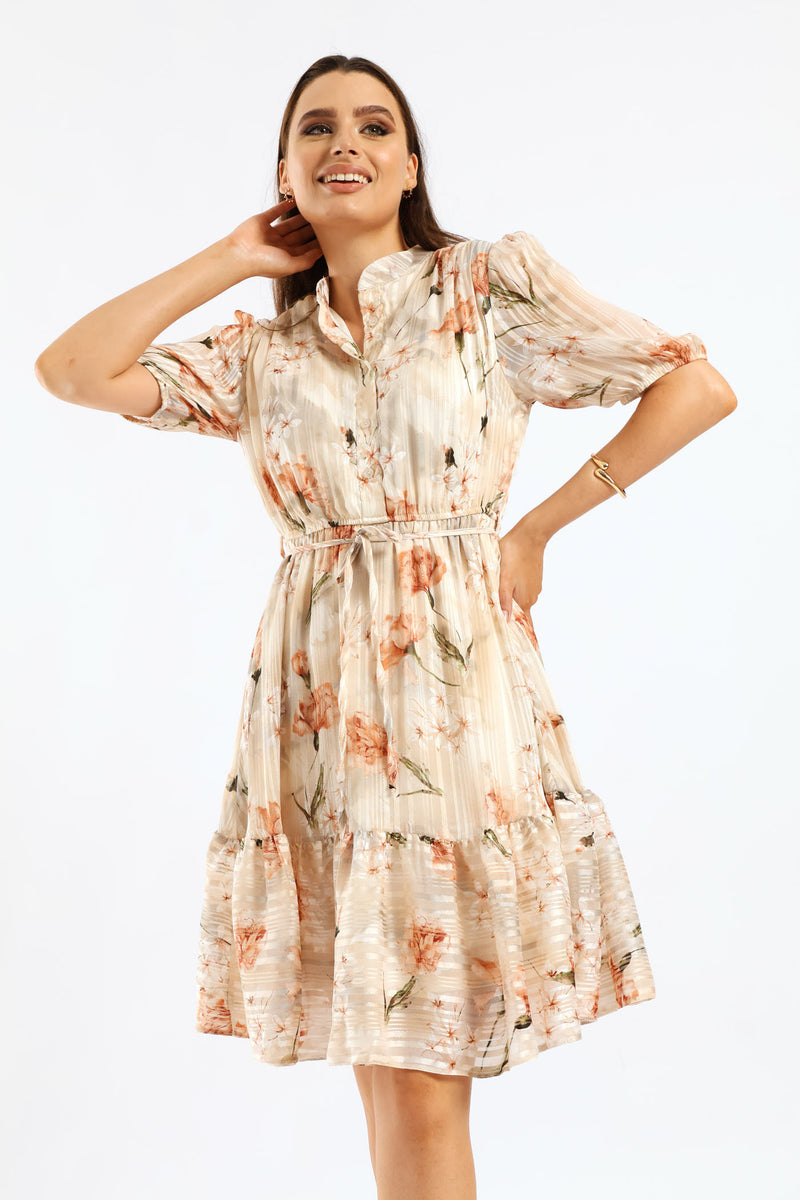 Mandarin Collar 3/4 Sleeve Tea Dress - Cream