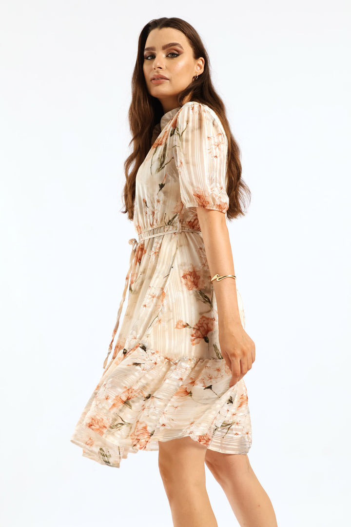 Mandarin Collar 3/4 Sleeve Tea Dress - Cream