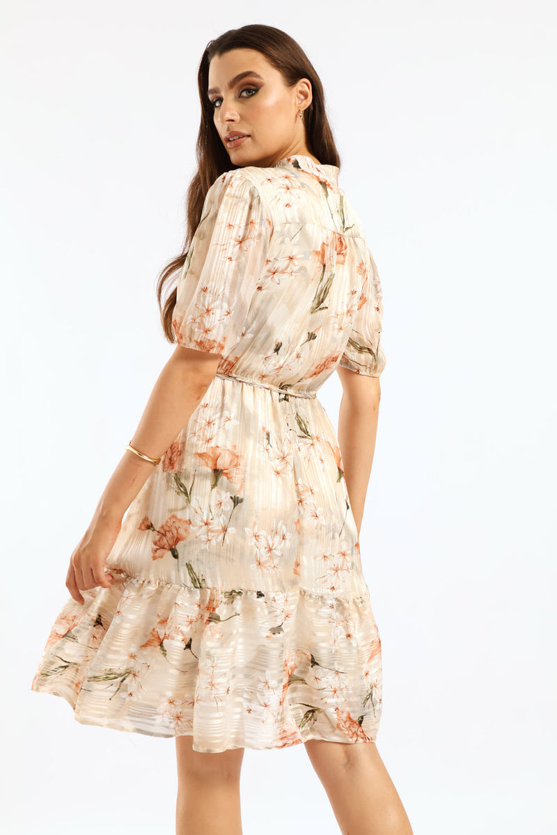 Mandarin Collar 3/4 Sleeve Tea Dress - Cream