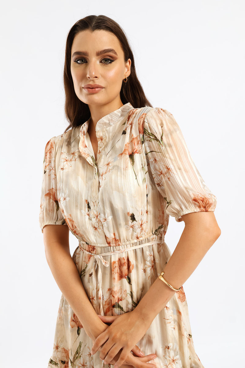 Mandarin Collar 3/4 Sleeve Tea Dress - Cream