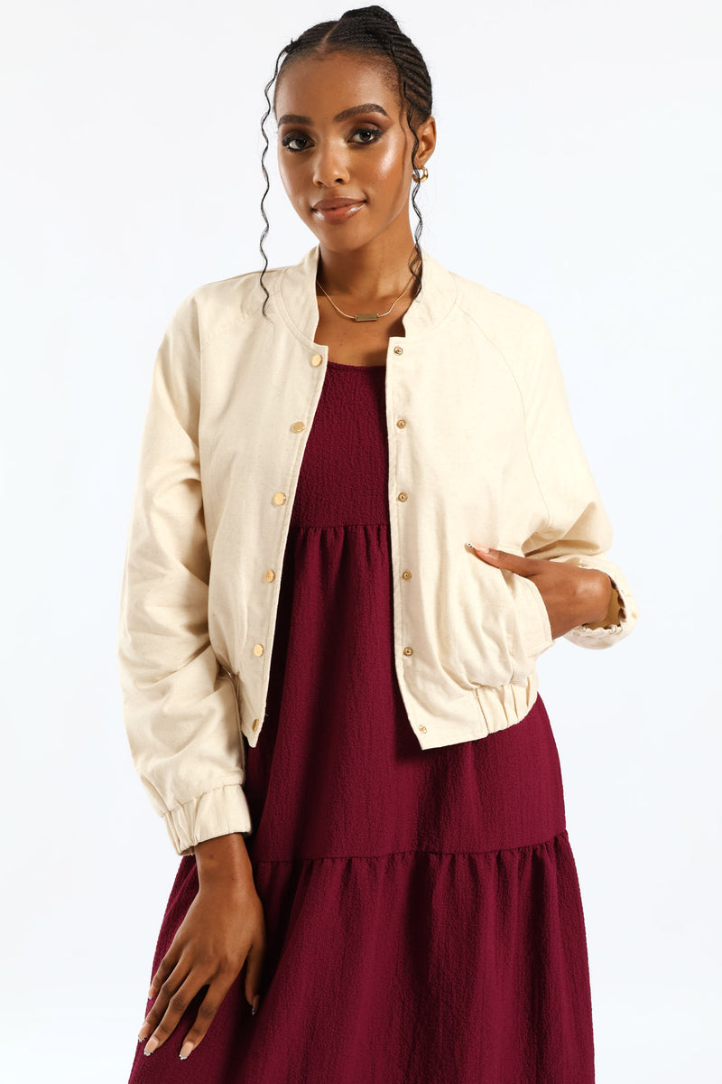 Button Through Welt Pocket Linen Bomber - Oatmeal
