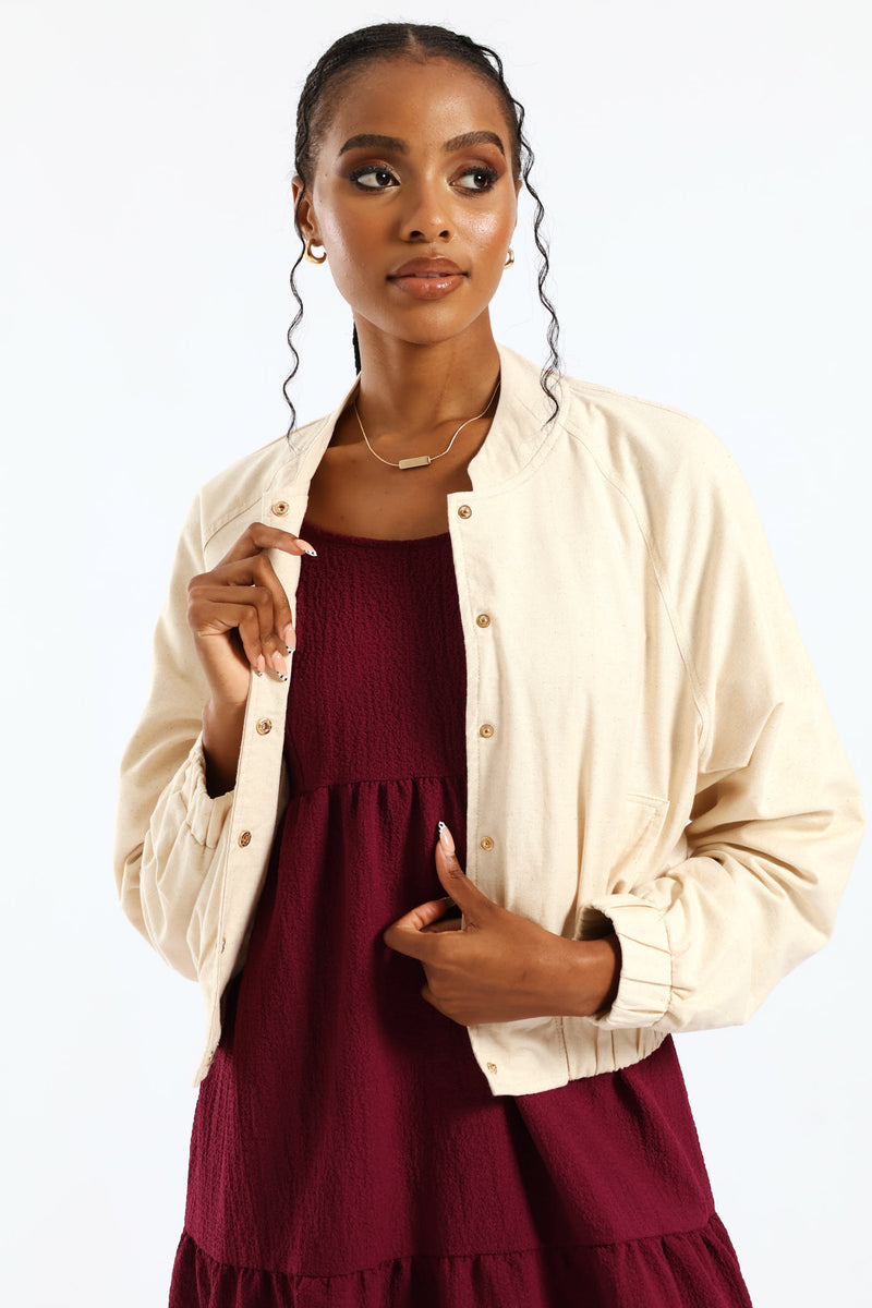 Button Through Welt Pocket Linen Bomber - Oatmeal