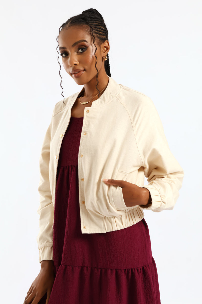 Button Through Welt Pocket Linen Bomber - Oatmeal