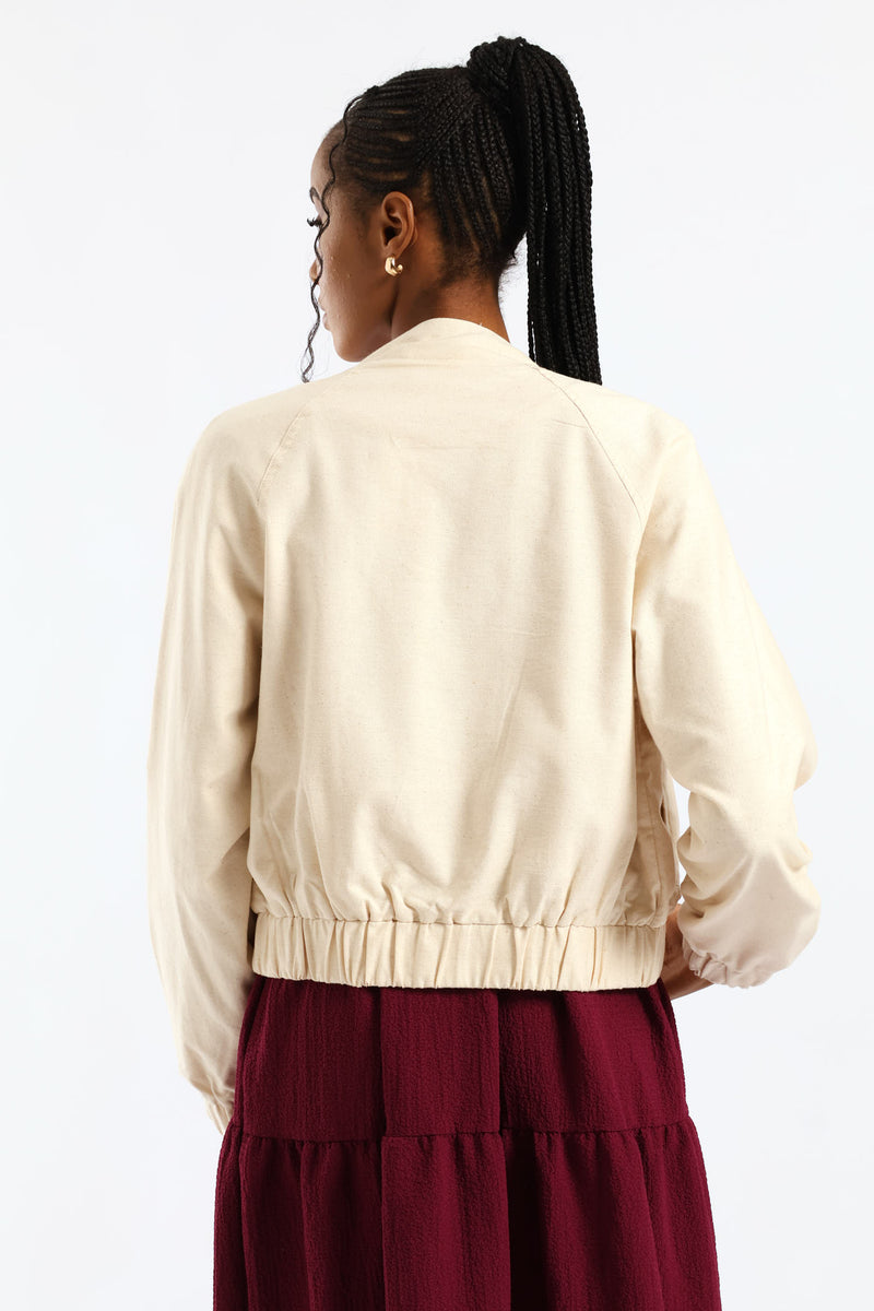 Button Through Welt Pocket Linen Bomber - Oatmeal