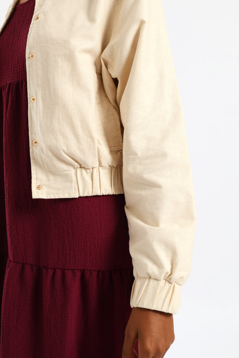 Button Through Welt Pocket Linen Bomber - Oatmeal