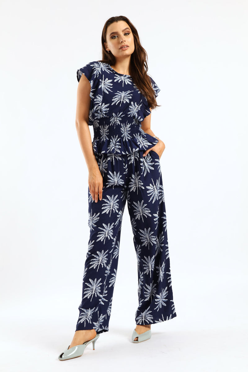 Pull On Self Belt Wideleg Pant - Navy/White