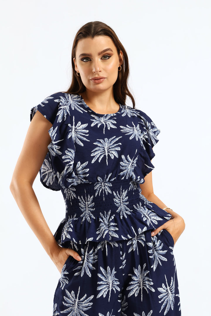 Frill Sleeve Shirred Waist Blouse - Navy/White