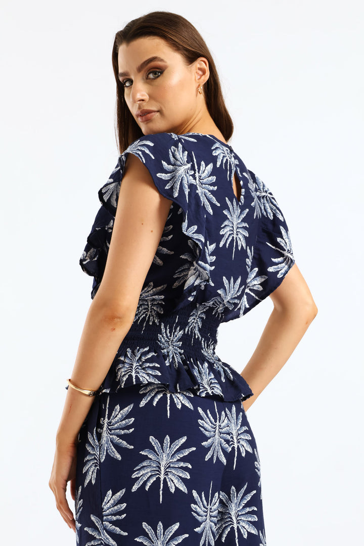 Frill Sleeve Shirred Waist Blouse - Navy/White