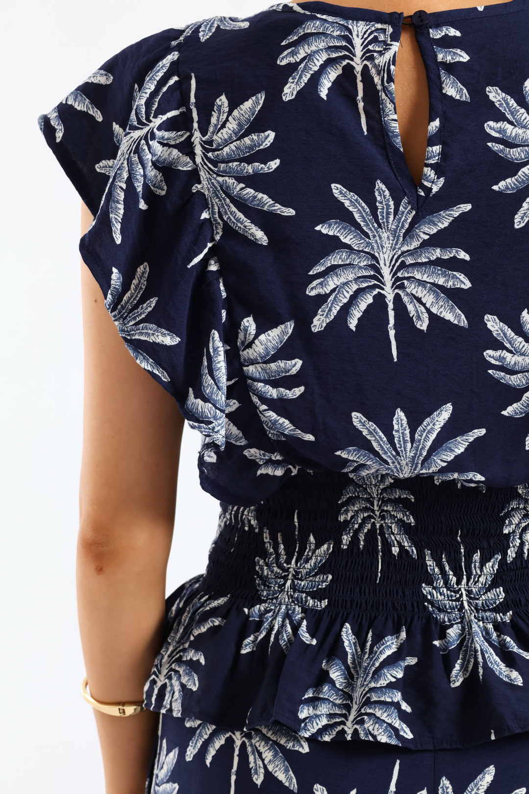 Frill Sleeve Shirred Waist Blouse - Navy/White