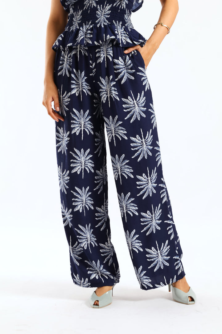 Pull On Self Belt Wideleg Pant - Navy/White