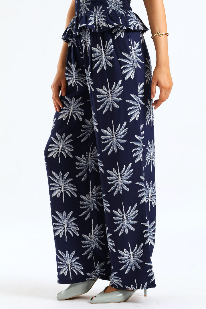 Pull On Self Belt Wideleg Pant - Navy/White