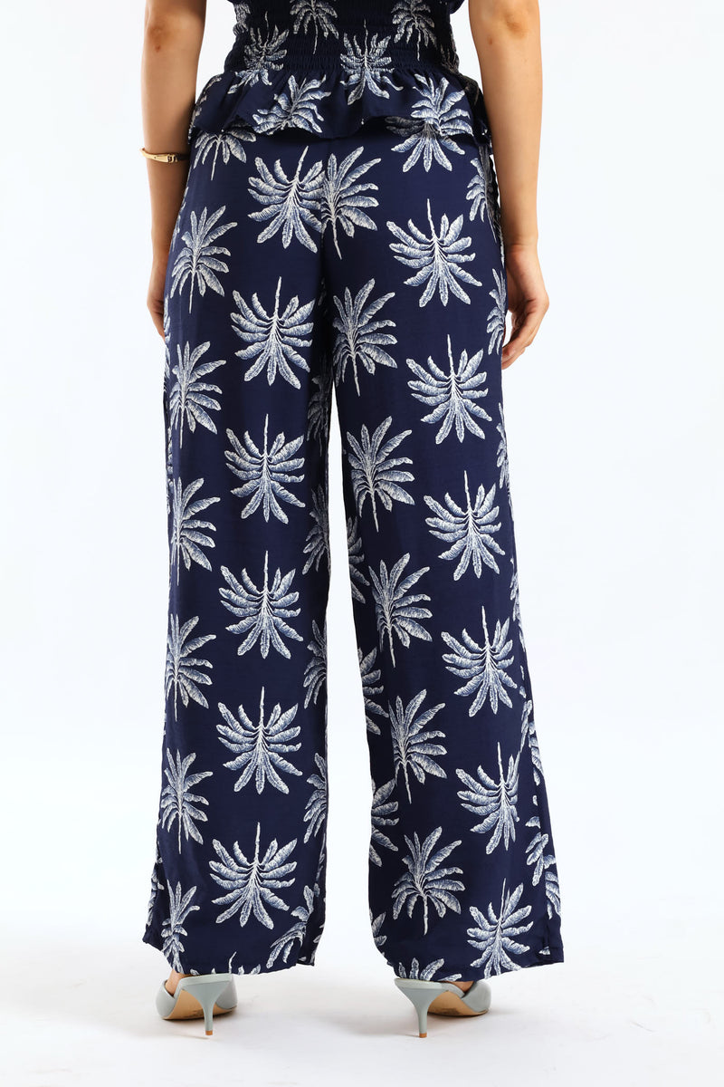 Pull On Self Belt Wideleg Pant - Navy/White