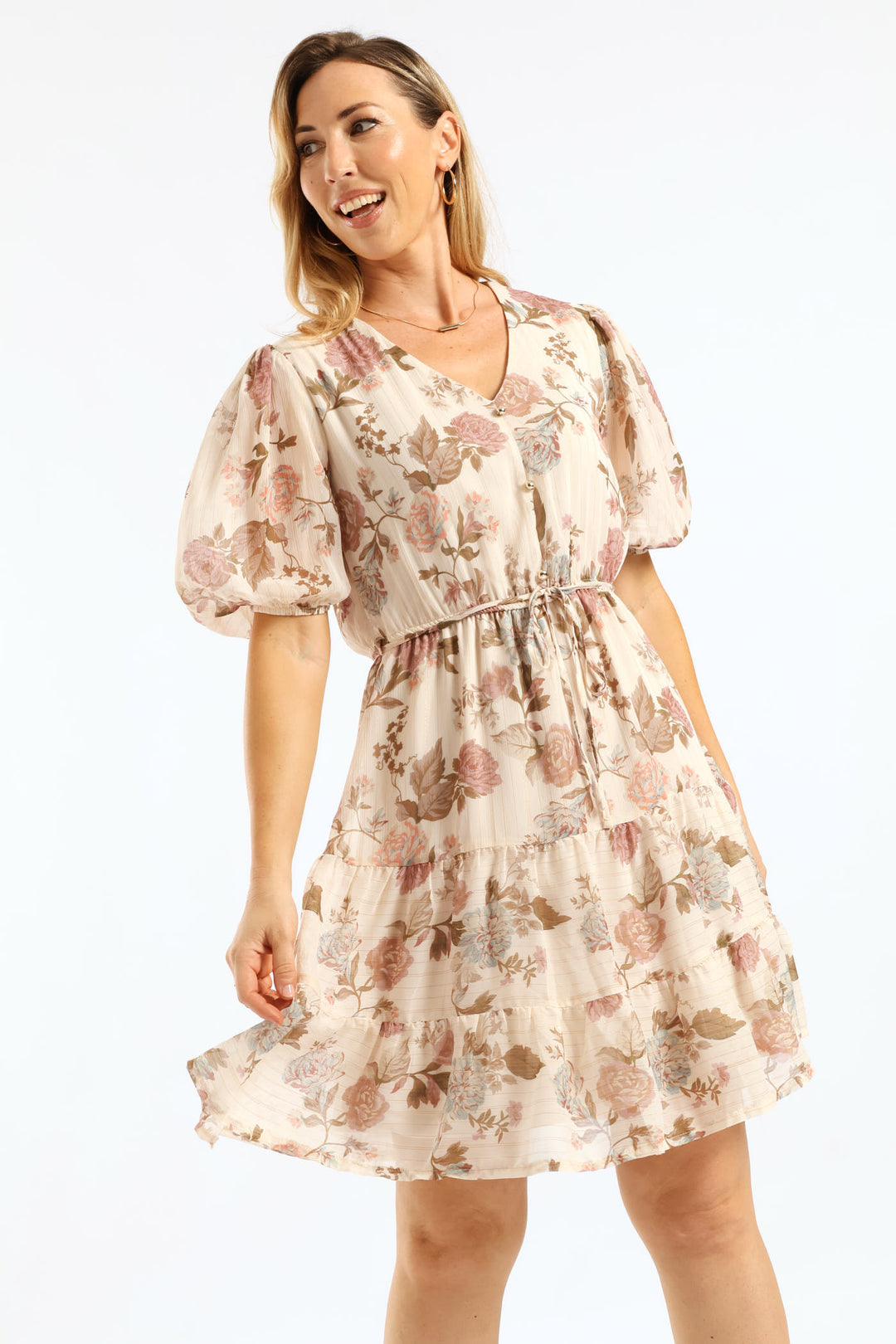 V-Neck Puff Sleeve Belted Tea Dress - Cream/Black