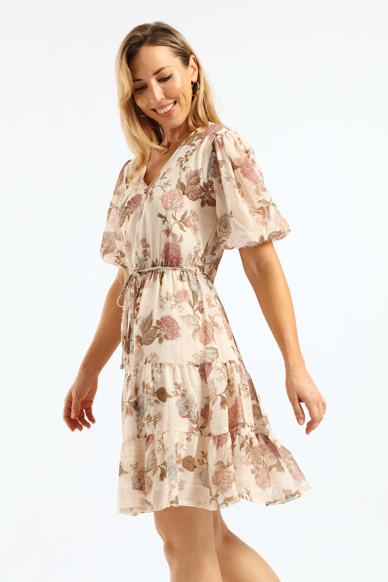 V-Neck Puff Sleeve Belted Tea Dress - Cream/Black