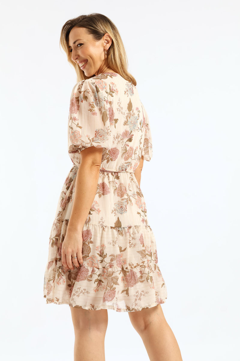 V-Neck Puff Sleeve Belted Tea Dress - Cream/Black