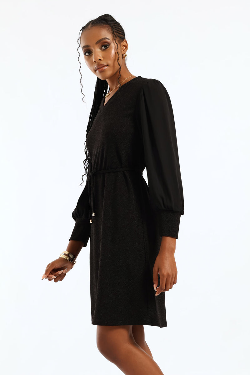 V-Neck Belted Shimmer Shift Dress - Black