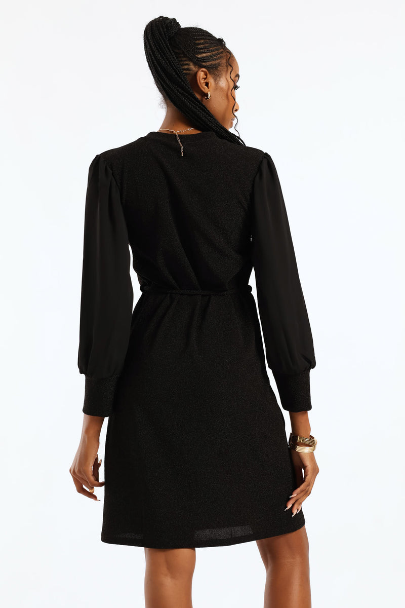 V-Neck Belted Shimmer Shift Dress - Black