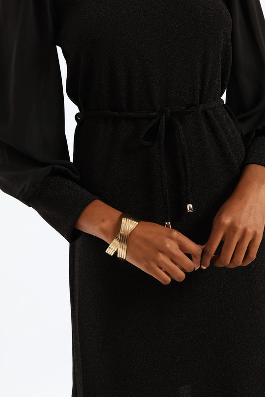 Ladies V-Neck Belted Shimmer Shift Dress