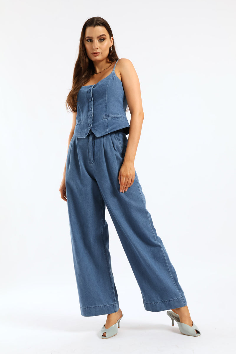 Pleated Detail Wide Leg Denim Trouser - Dark Wash