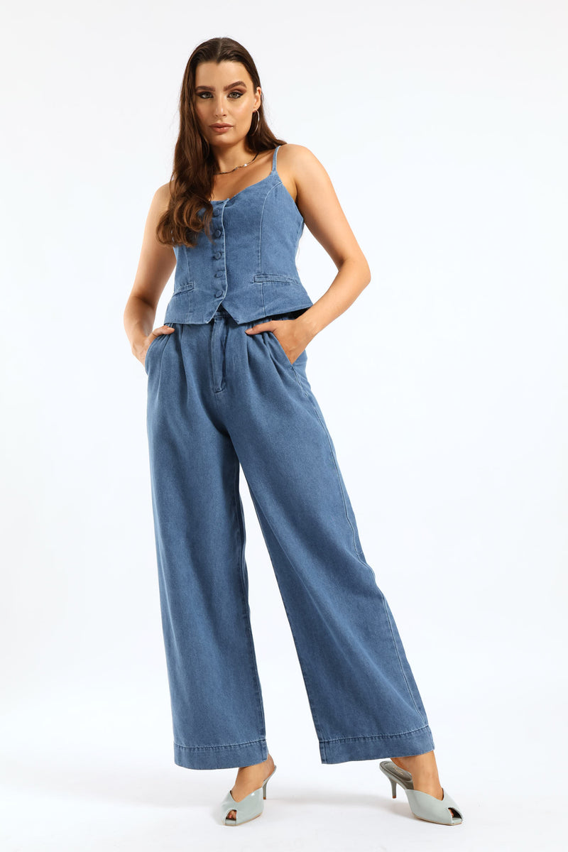 Pleated Detail Wide Leg Denim Trouser - Dark Wash