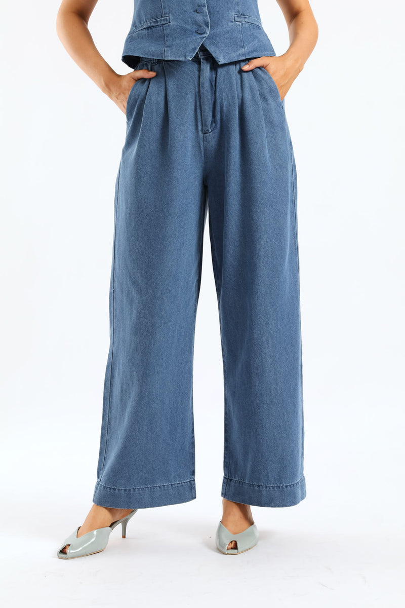 Pleated Detail Wide Leg Denim Trouser - Dark Wash