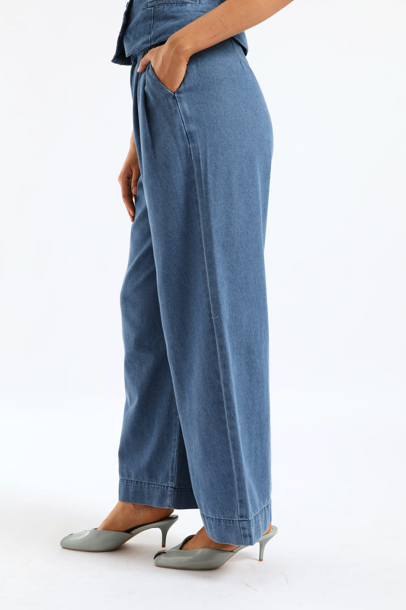 Pleated Detail Wide Leg Denim Trouser - Dark Wash