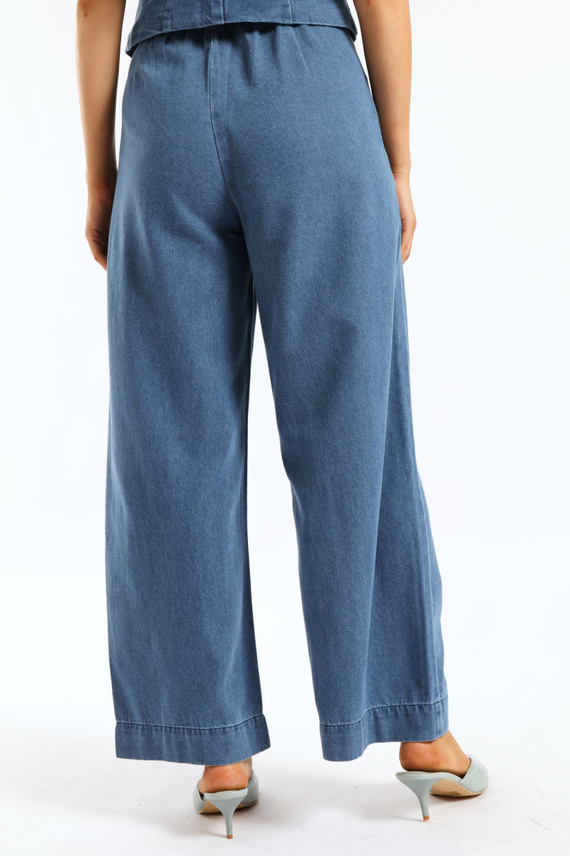 Pleated Detail Wide Leg Denim Trouser - Dark Wash