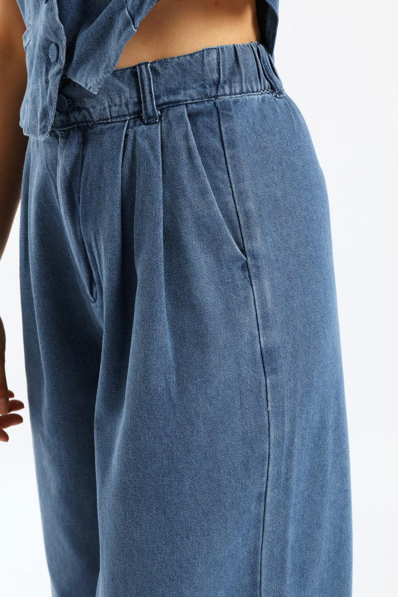 Pleated Detail Wide Leg Denim Trouser - Dark Wash