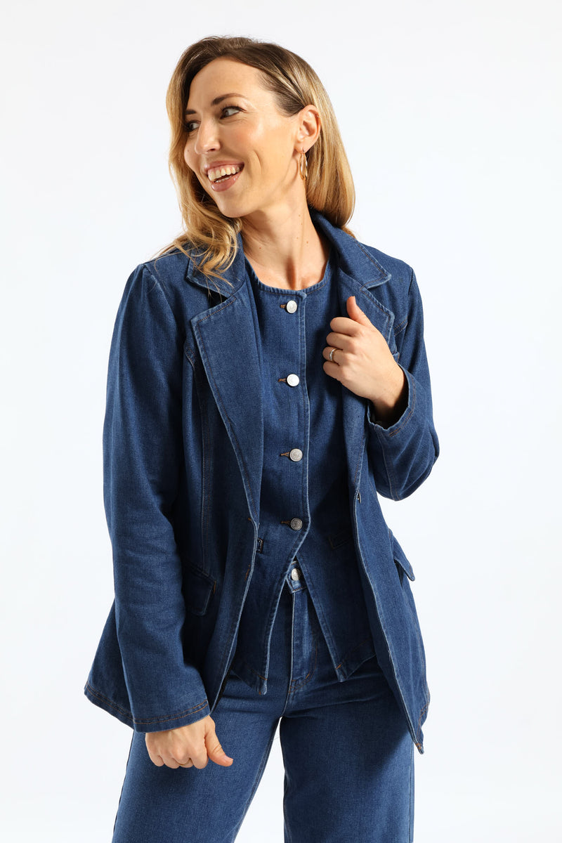 Long Length Denim Blazer - Dark Wash