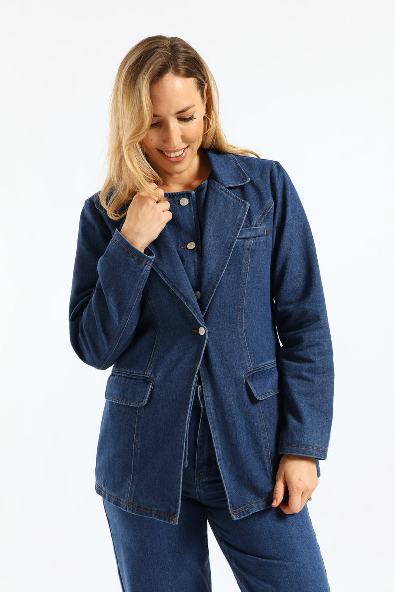 Long Length Denim Blazer - Dark Wash
