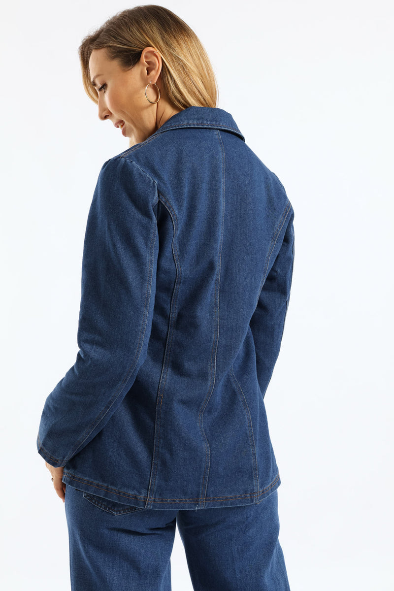 Long Length Denim Blazer - Dark Wash