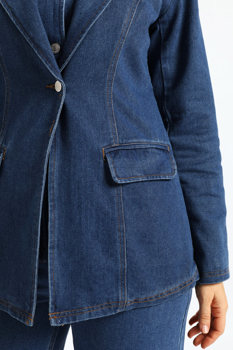 Long Length Denim Blazer - Dark Wash