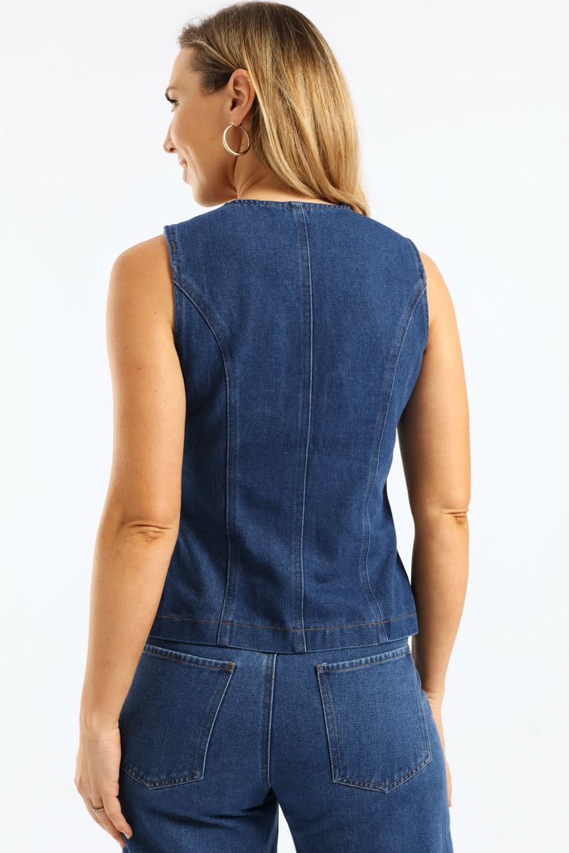 Long Length Denim Waistcoat - Dark Wash