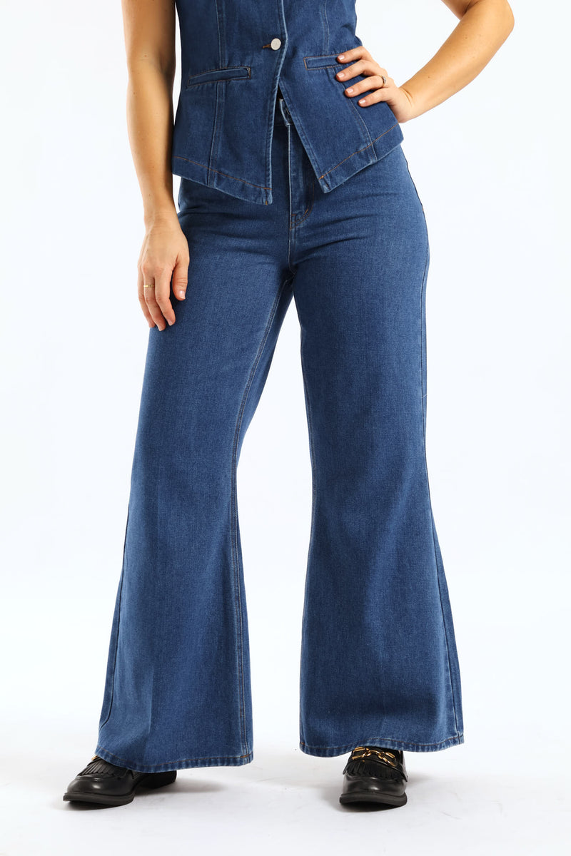 Hi-Rise Crease Front Flare Denim - Dark Wash