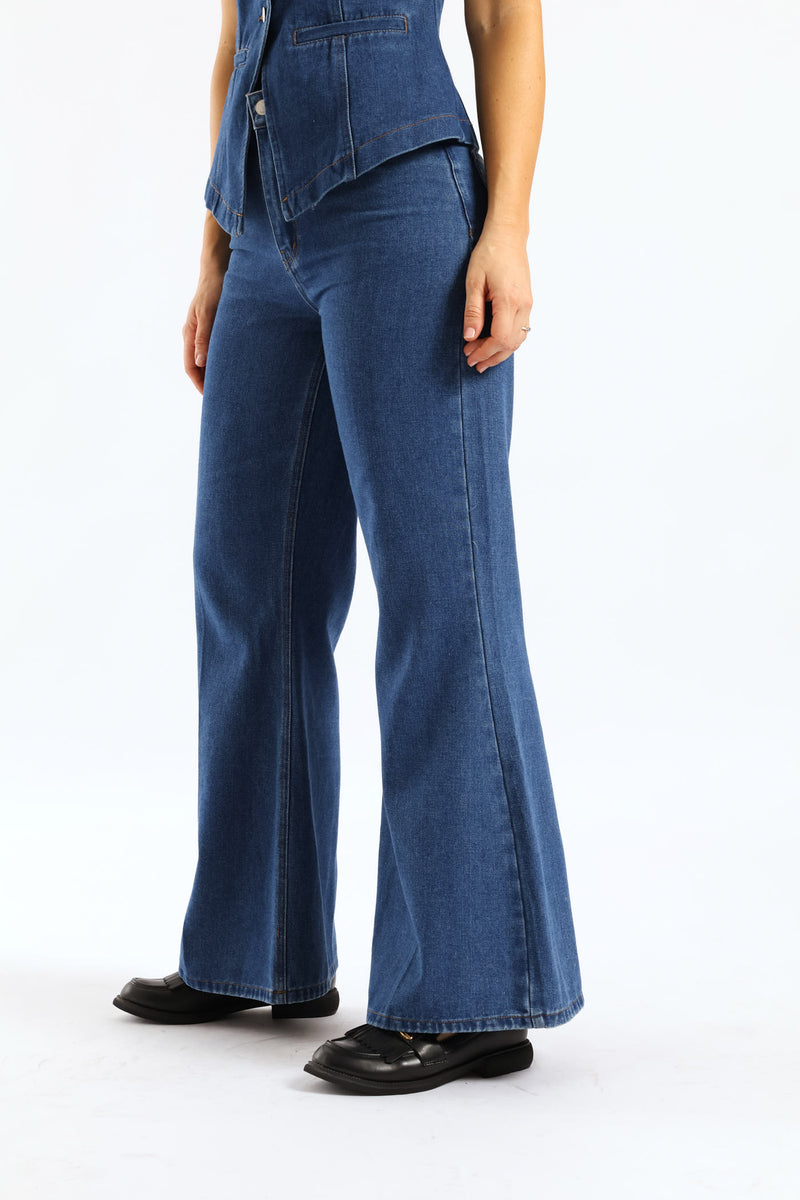 Hi-Rise Crease Front Flare Denim - Dark Wash