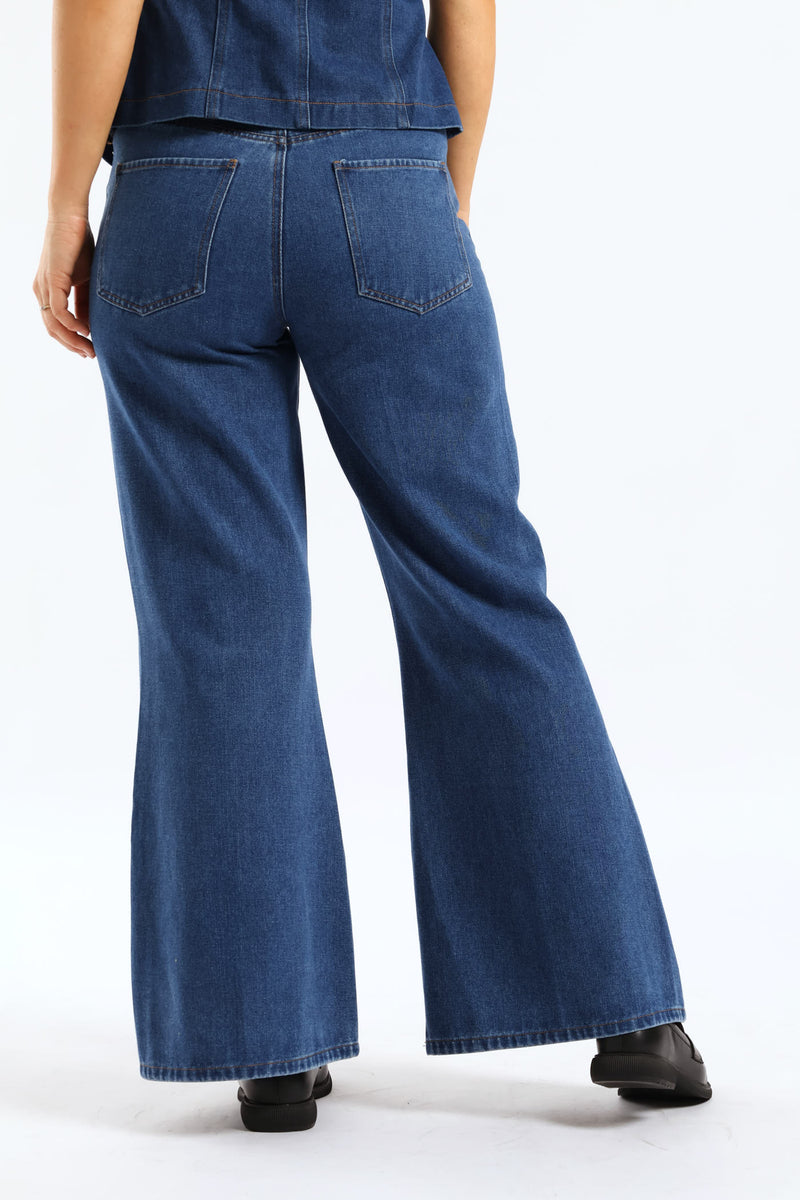 Hi-Rise Crease Front Flare Denim - Dark Wash