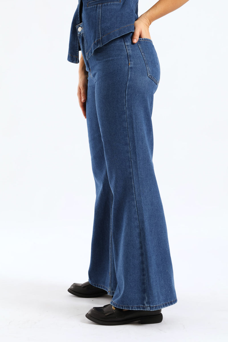 Hi-Rise Crease Front Flare Denim - Dark Wash