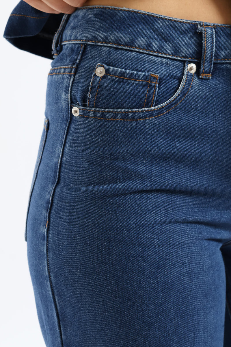 Hi-Rise Crease Front Flare Denim - Dark Wash