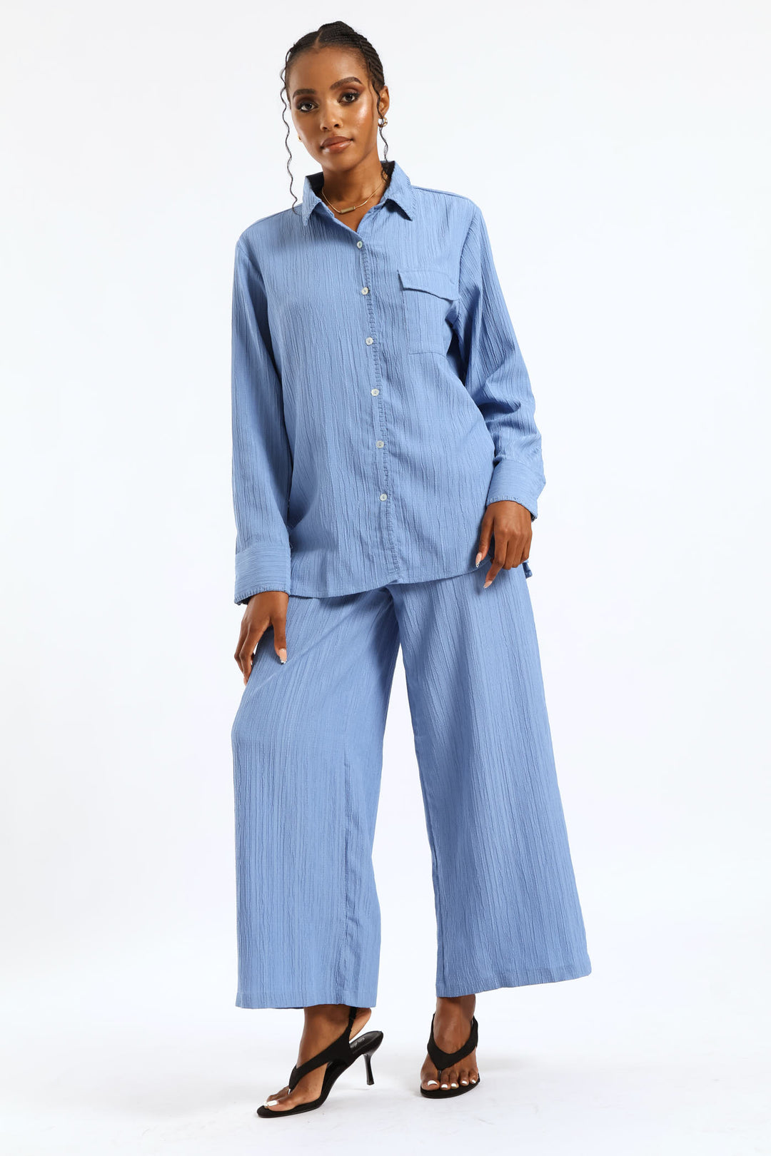 Blanket Stitch Detail Oversized Shirt - Dusty Blue