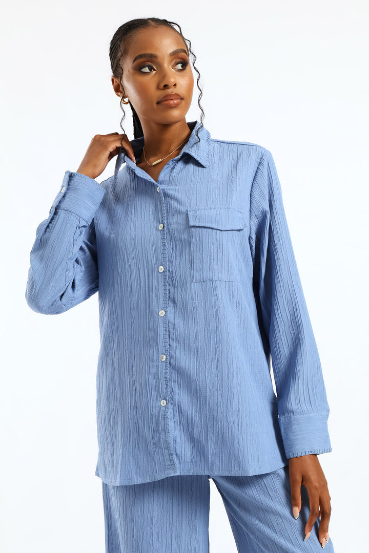 Blanket Stitch Detail Oversized Shirt - Dusty Blue