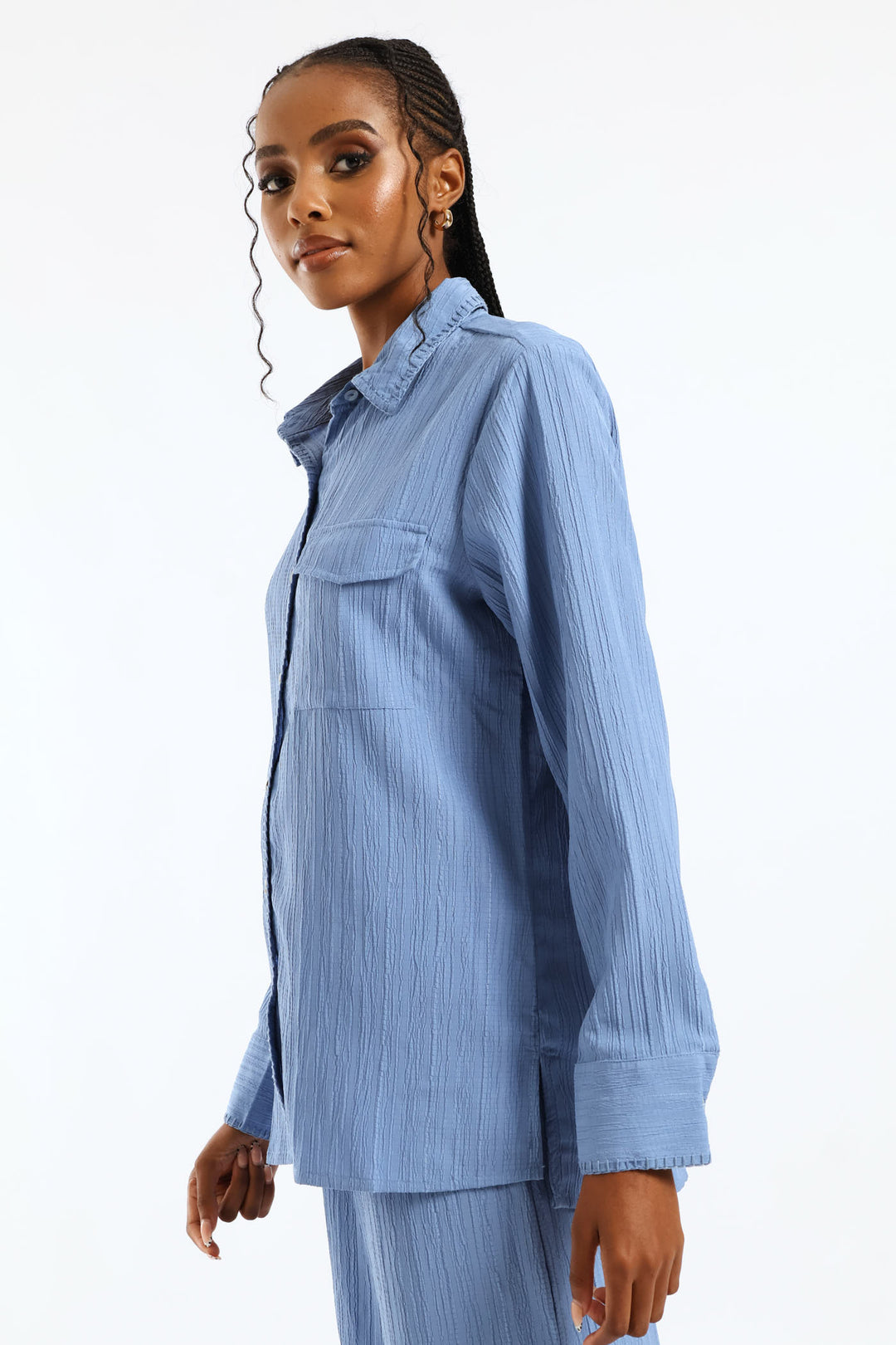 Blanket Stitch Detail Oversized Shirt - Dusty Blue