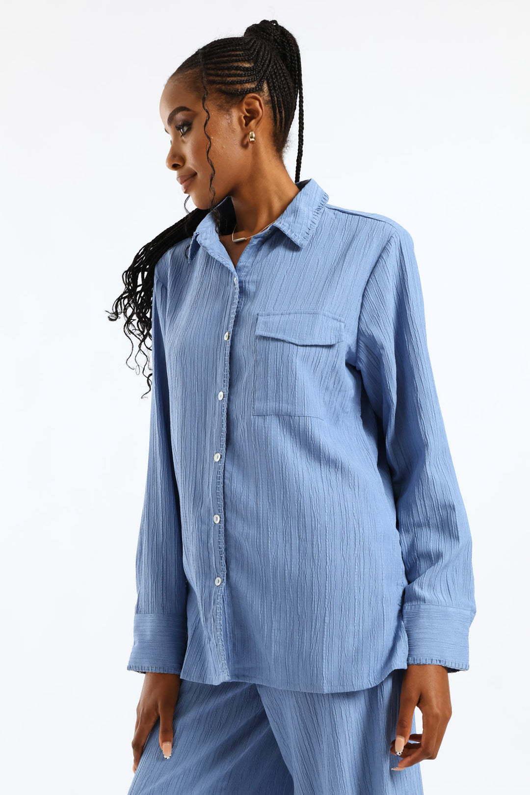 Blanket Stitch Detail Oversized Shirt - Dusty Blue