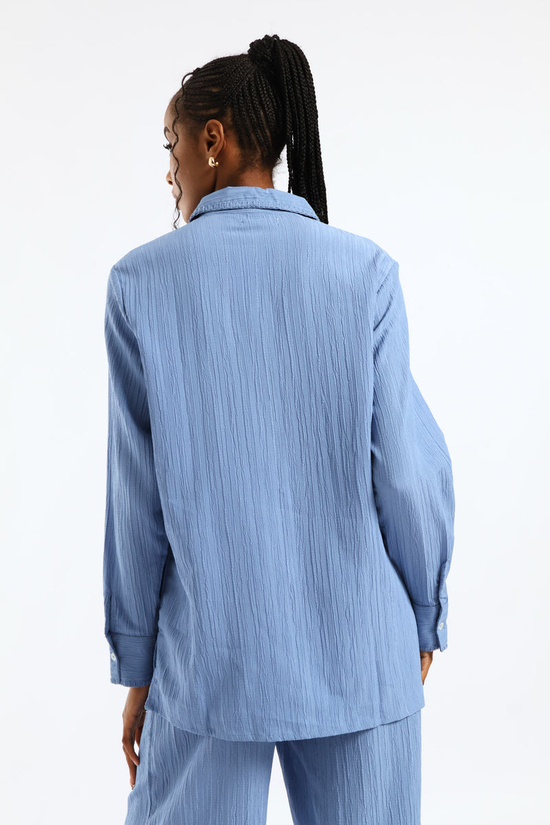 Blanket Stitch Detail Oversized Shirt - Dusty Blue