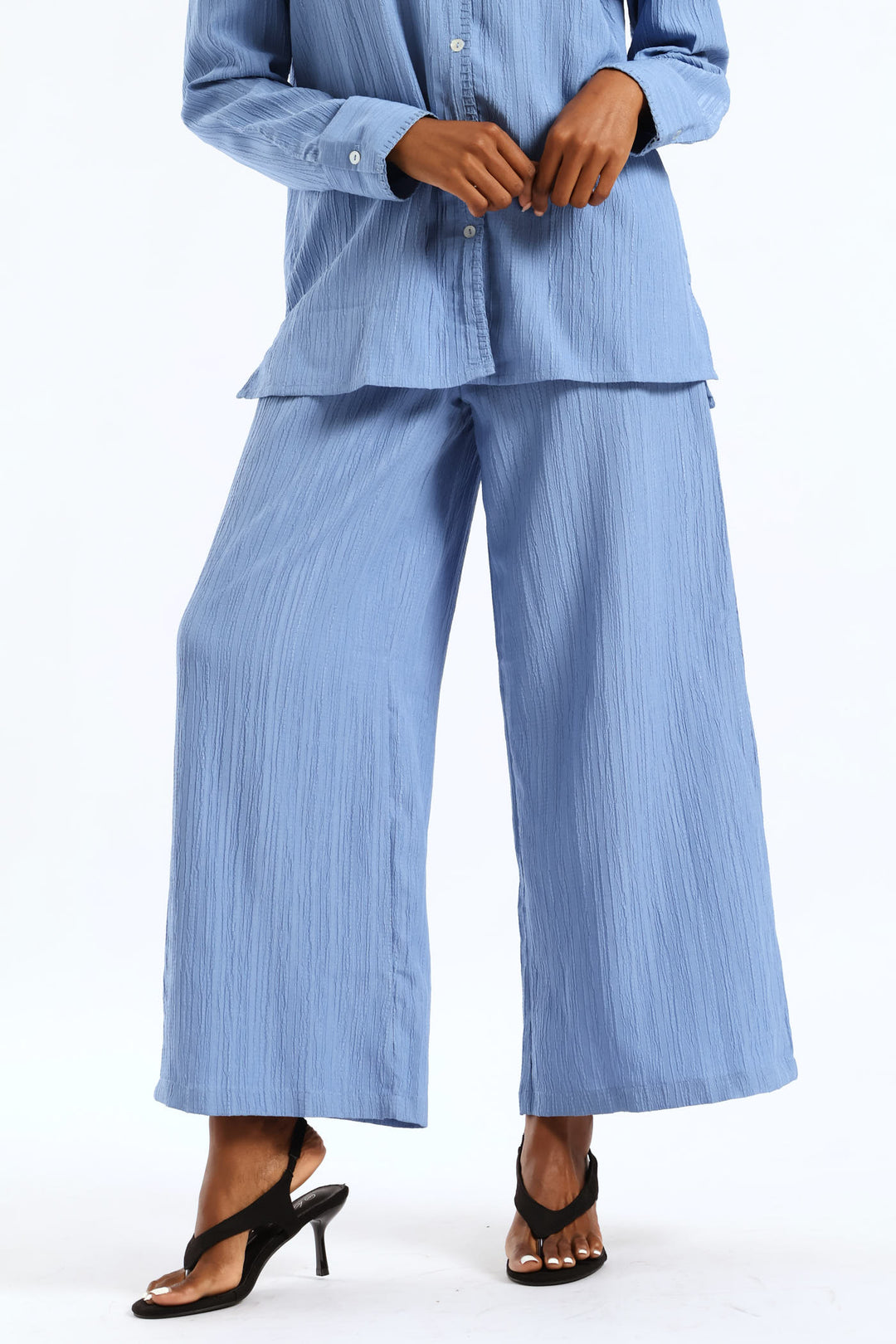 Pull-On Self Belt Wideleg Pants - Dusty Blue