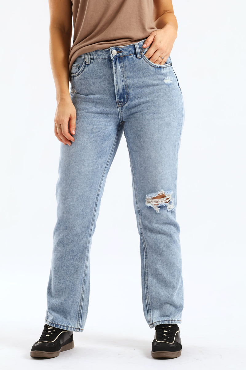 Hi-Rise Ripped Straight Leg Jean - Light Wash